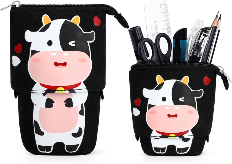 KPX Cute Standing Pencil Case for Kids, Pop Up Pencil Box Makeup Pouch, Christmas Gift Kids Canvas Pen Holder Organizer Cosmetics Bag, Kawaii Stationary (Baby Cow) - Image 1